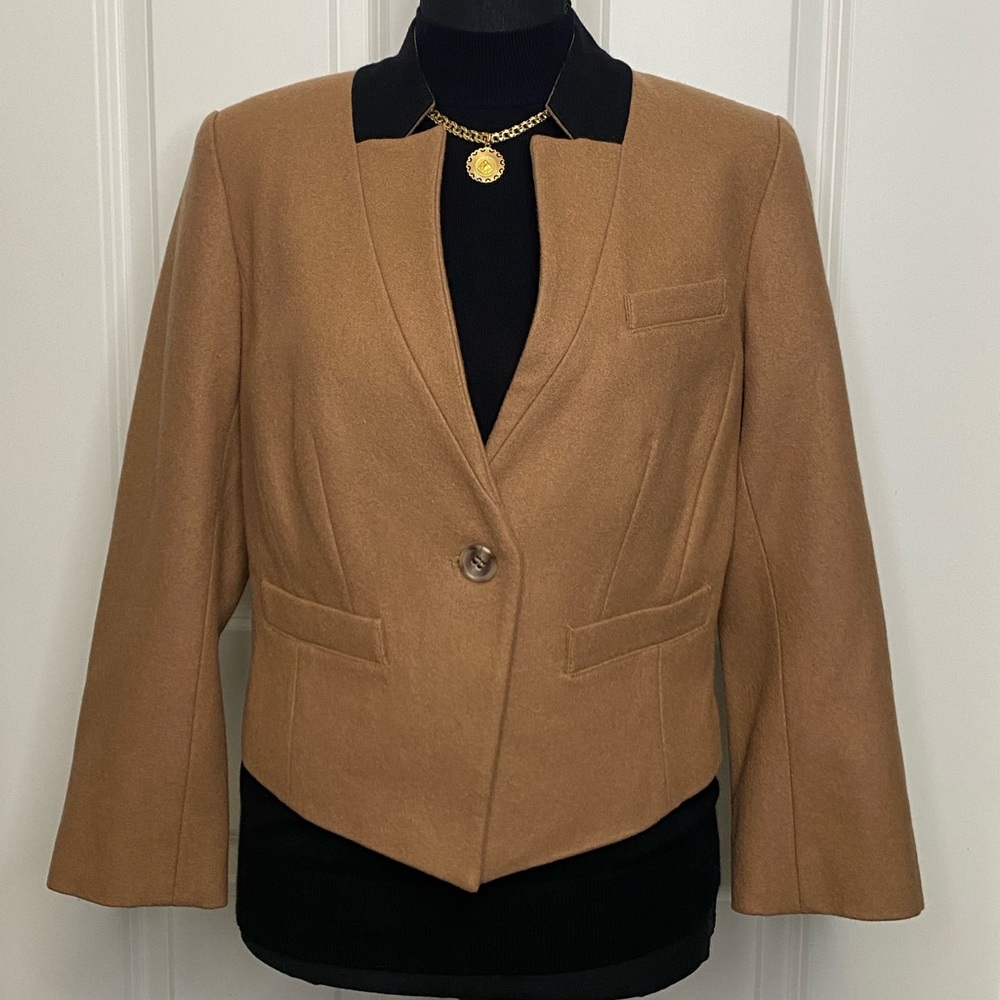 Trouve Womens S Camel Single Button Wool Blend Crop Lined Blazer